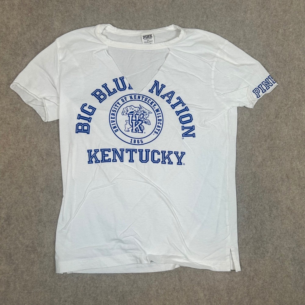 PINK Kentucky Wildcats T-Shirt Women XS White Cutout V-Neck Big Blue Nation